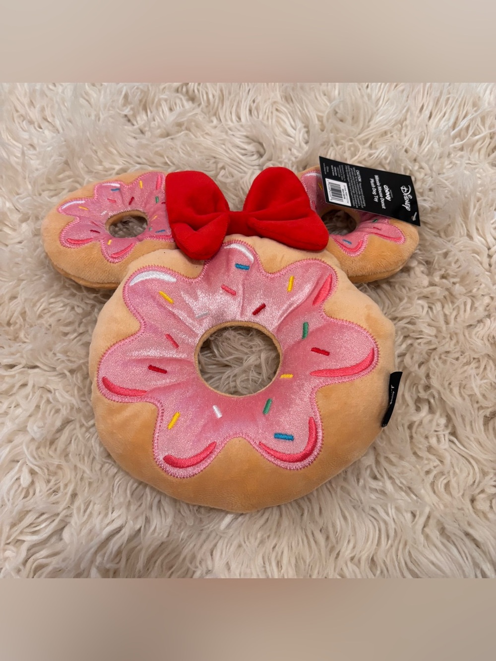 Disney Minnie Mouse Donut Plush Dog Squeaky Toy - Pink Frosting with Red Bow